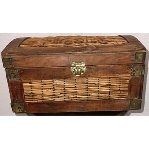 vintage chinoiserie Wicker And Wood Treasure Storage Box Brass Accent Boh